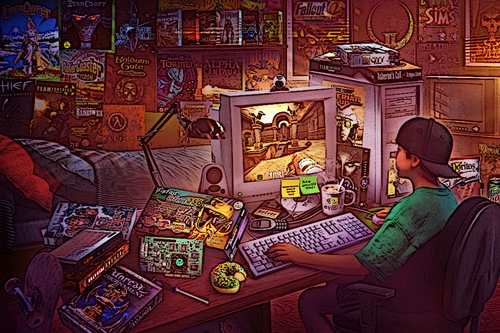 GeForce Memories: The PC Gaming Renaissance (Early 2000s), par Rachid Loft | source : https://www.reddit.com/r/nvidia/comments/1hexpf7/geforcegreats_salutes_late_1990searly_2000s_pc/?tl=fr
